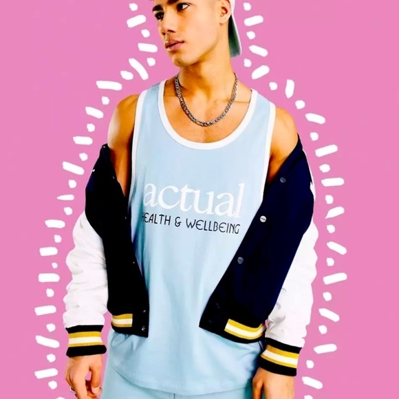 NWOT ASOS Men’s Actual health and wellbeing tank top graphic print light blue - Picture 2 of 9